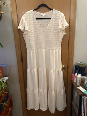 Women's Cream V-Neck Tiered Midi Dress - One Loved Babe